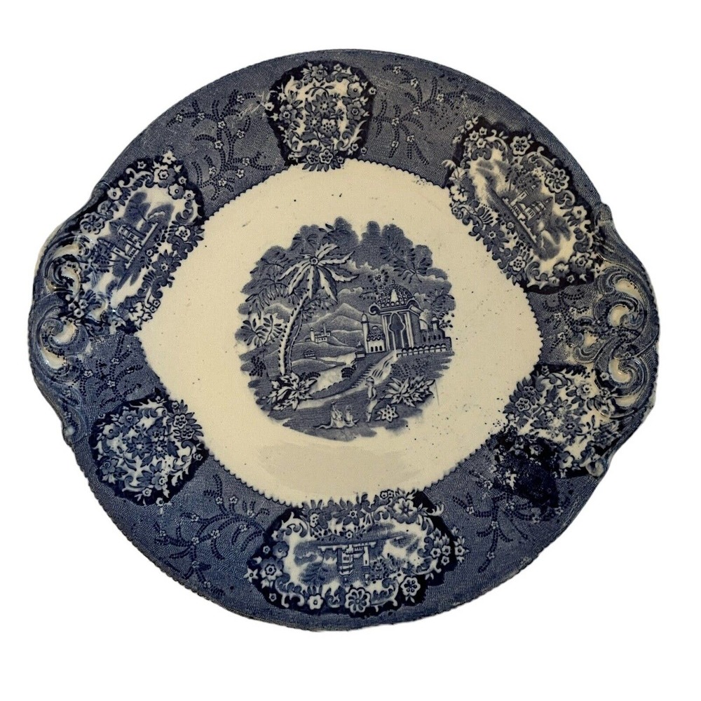 Circa Mid 1800 Franz Ant Mehlem Bonn Malta Germany Flow Blue Two Handle Plate